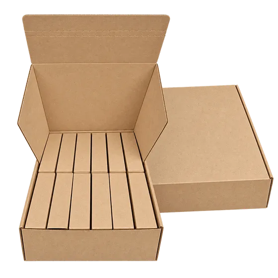 A kraft 12-day advent calendar: an open outer box holding twelve inner tuck boxes, beside the closed outer box