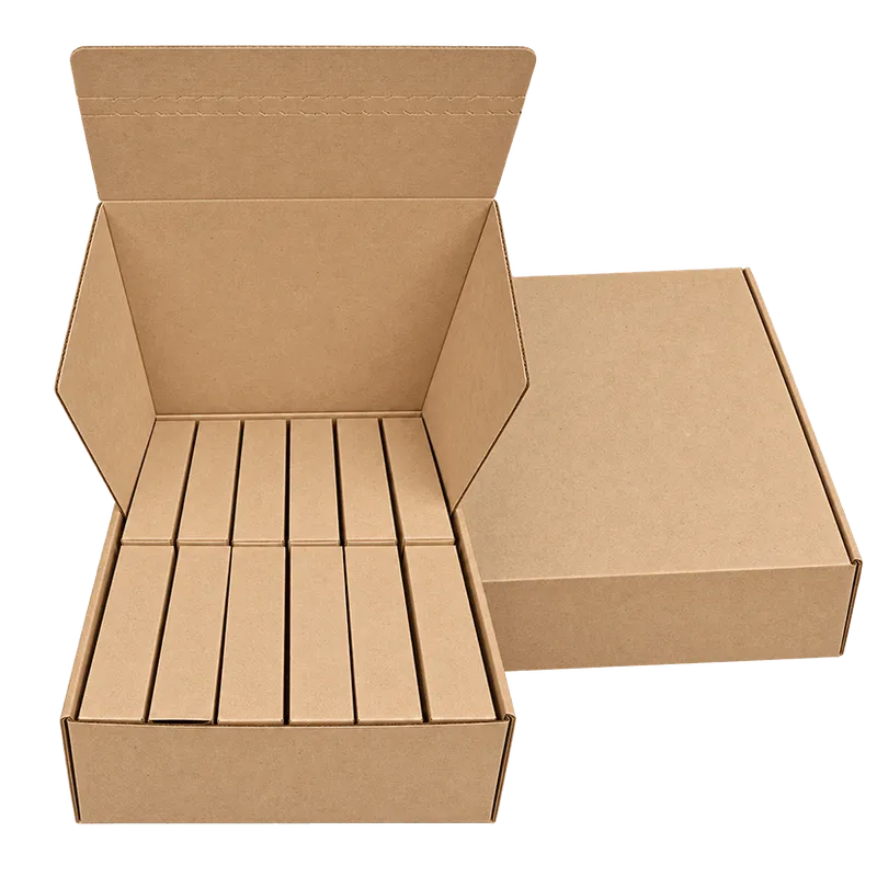 A kraft 12-day advent calendar: an open outer box holding twelve inner tuck boxes, beside the closed outer box