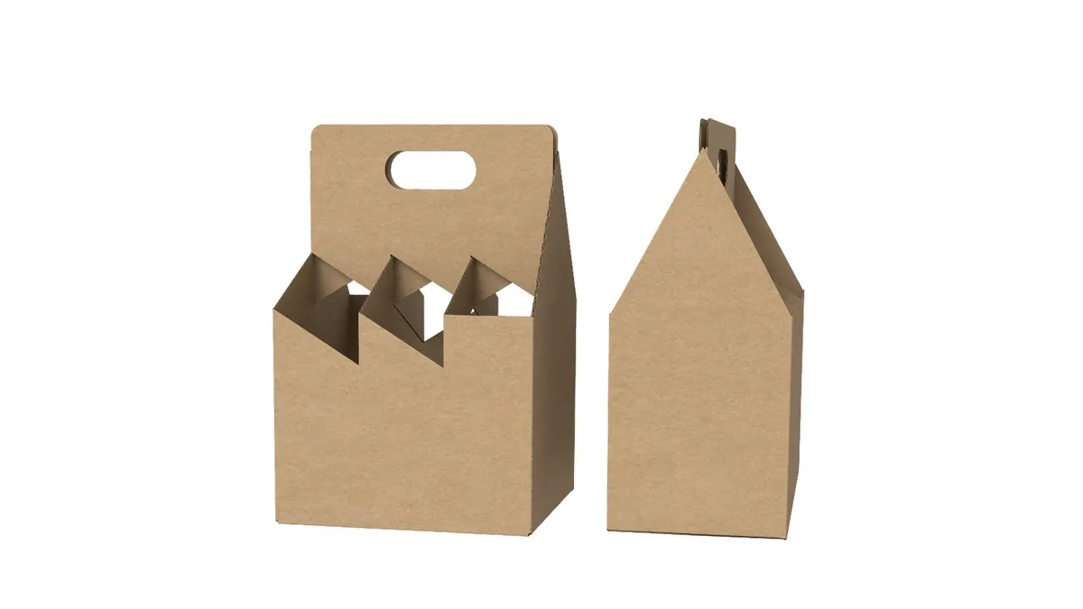 Two kraft corrugated bottle carriers: an open six-bottle basket carrier with divider cells and a handle, beside an enclosed gable-top carrier