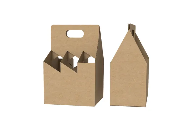 Two kraft corrugated bottle carriers: an open six-bottle basket carrier with divider cells and a handle, beside an enclosed gable-top carrier