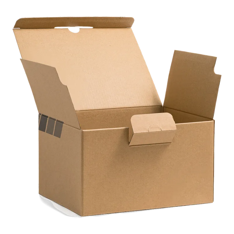 An open kraft crash-lock mailing box with a tuck-front lid and adhesive closure strips