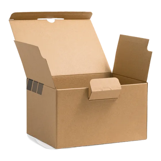 An open kraft crash-lock mailing box with a tuck-front lid and adhesive closure strips
