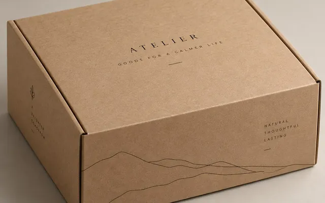 A bespoke kraft 0427 mailer box printed in one colour with fine line artwork across the lid and side panel