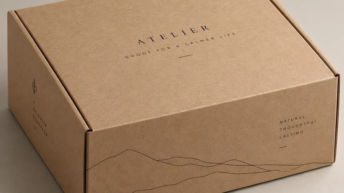 A bespoke kraft 0427 mailer box printed in one colour with fine line artwork across the lid and side panel