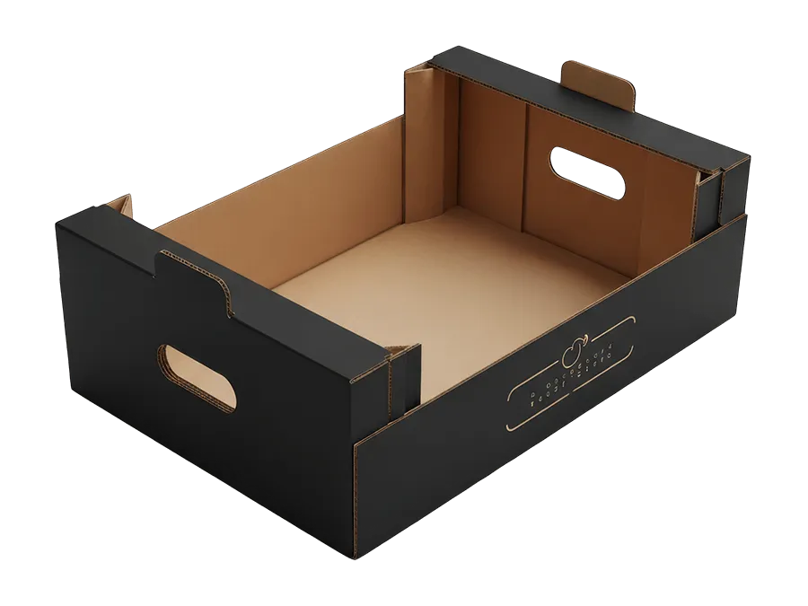 A printed corrugated drinks tray with hand holes and an internal divider
