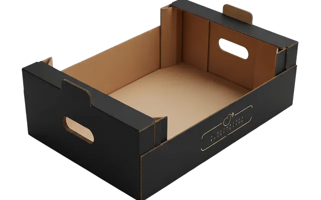 A printed corrugated drinks tray with hand holes and an internal divider