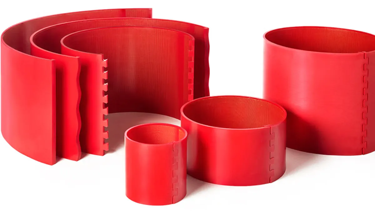 Red Policart urethane anvil covers in several diameters, showing their interlocking joints