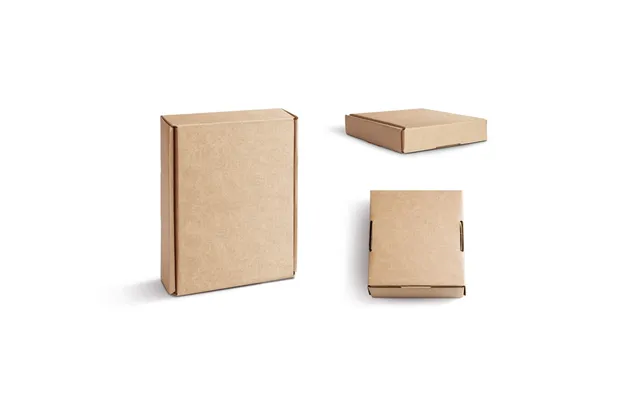 Three shallow kraft 0427 mailer boxes shown closed from different angles