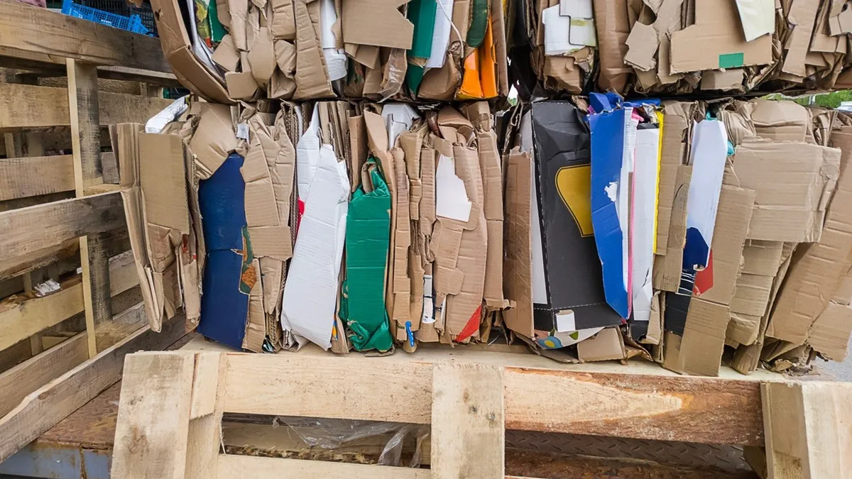 Baled waste cardboard packaging stacked on wooden pallets