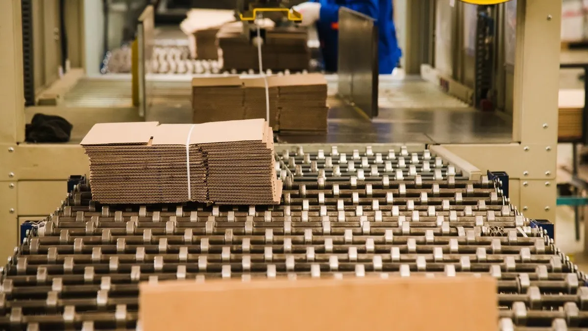 Banded stacks of corrugated blanks moving along a roller conveyor in a box plant