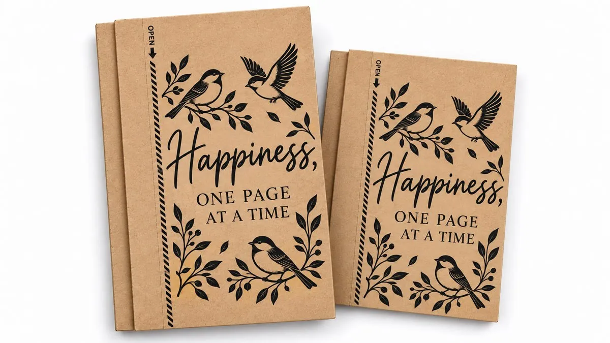 Two printed kraft book wraps folded around flat contents, each with a tear strip marked open along the spine