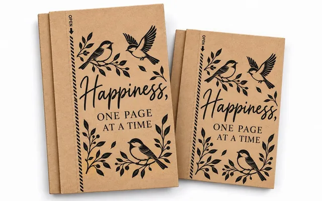 Two printed kraft book wraps folded around flat contents, each with a tear strip marked open along the spine