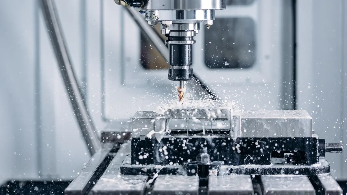 A CNC milling cutter machining a steel billet under flood coolant