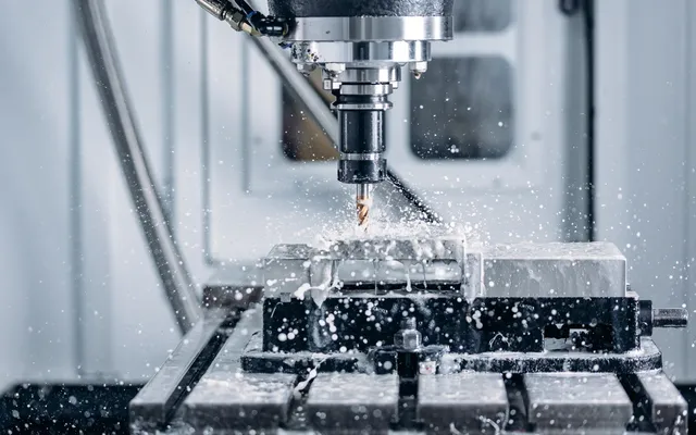 A CNC milling cutter machining a steel billet under flood coolant