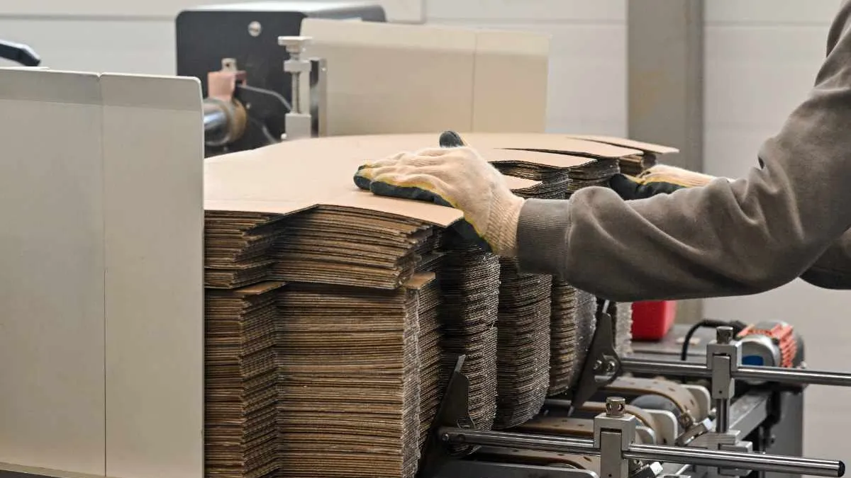 Stacks of die-cut corrugated blanks being loaded onto a converting line