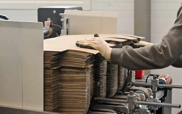 Stacks of die-cut corrugated blanks being loaded onto a converting line