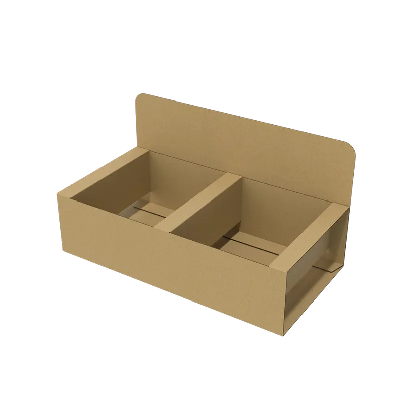 A two-compartment corrugated counter display unit with an upright header panel