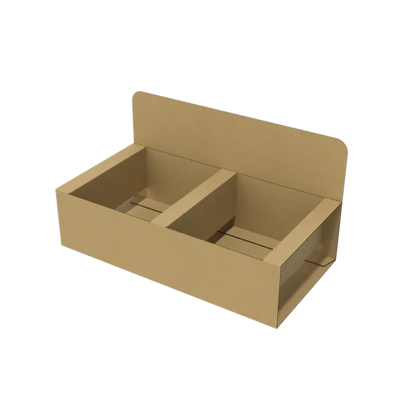 A two-compartment corrugated counter display unit with an upright header panel