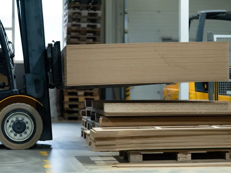 A forklift moving a stack of corrugated board sheets across a production floor