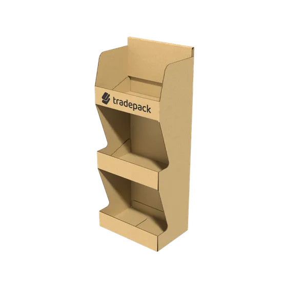 A three-tier corrugated free-standing display unit with a printed header panel