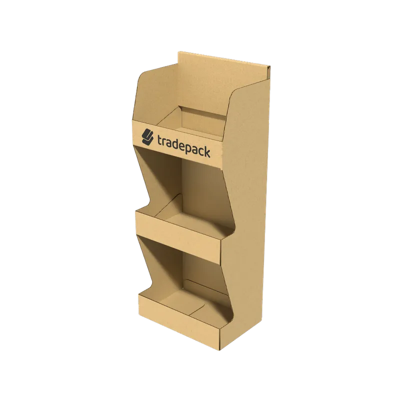 A three-tier corrugated free-standing display unit with a printed header panel