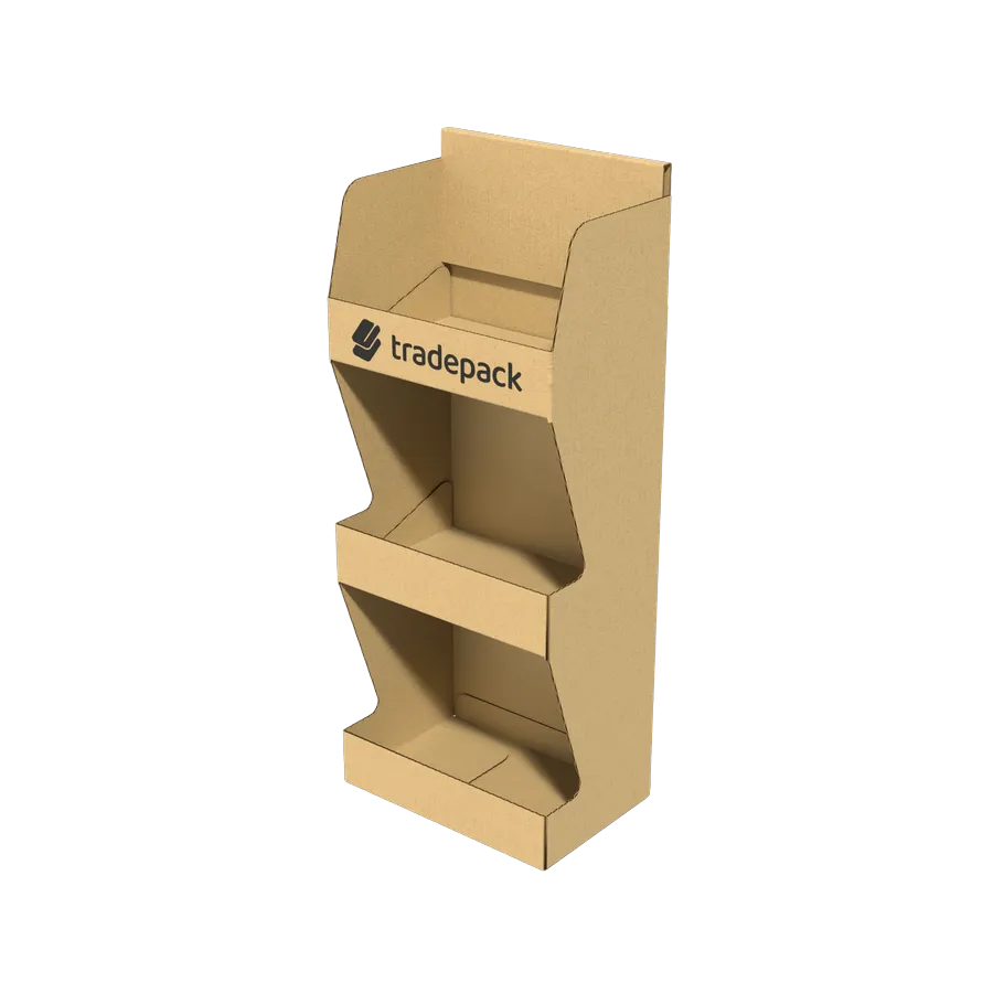 A three-tier corrugated free-standing display unit with a printed header panel
