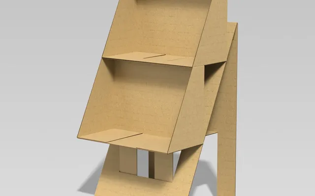 A two-tier die-cut corrugated free-standing display unit with angled shelves