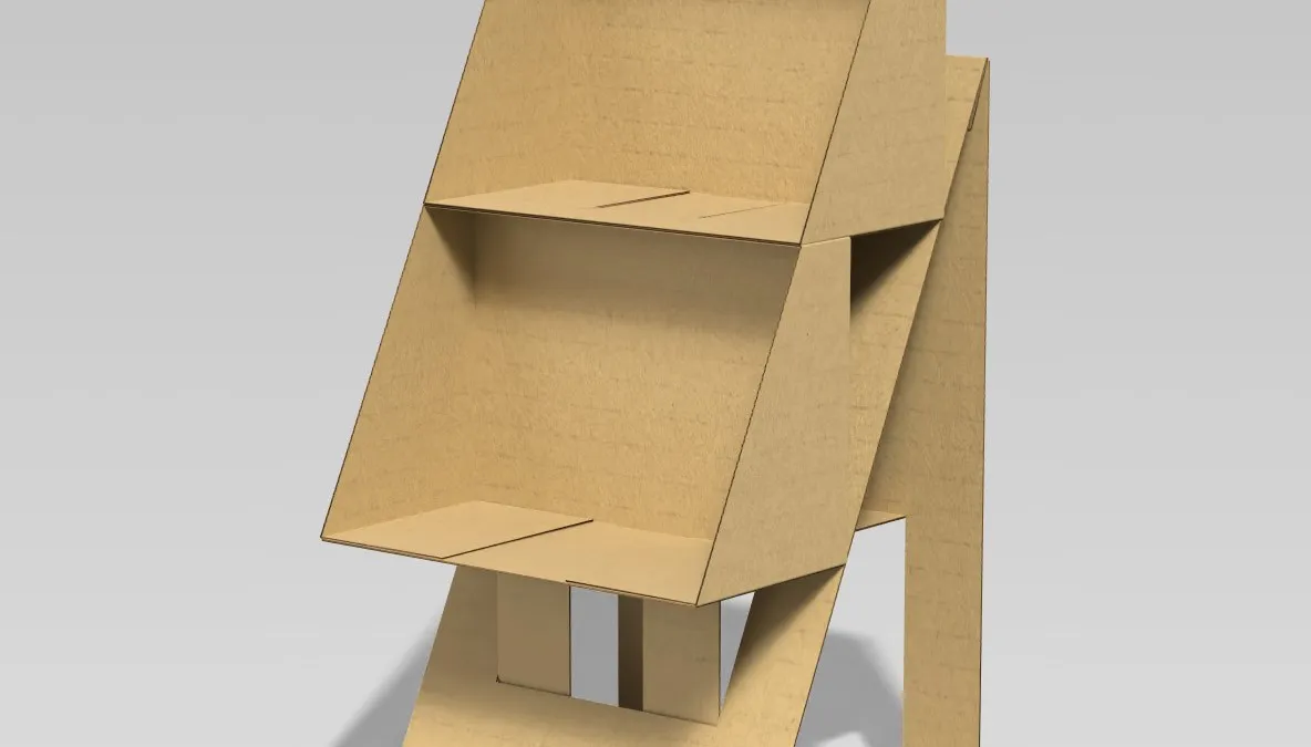 A two-tier die-cut corrugated free-standing display unit with angled shelves