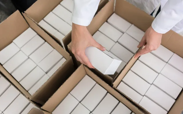 Cartons being packed into corrugated cases from an identical repeating specification