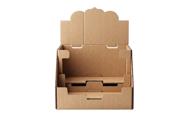 A corrugated shelf ready display unit with a header card, a tear-away front and a stepped product tray