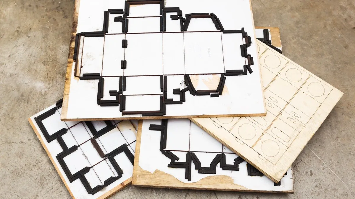 Flat steel rule cutting formes stacked on a factory floor, with the knives set into plywood