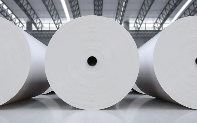 Large reels of paper standing in a mill, of the kind converted into silicone release liner