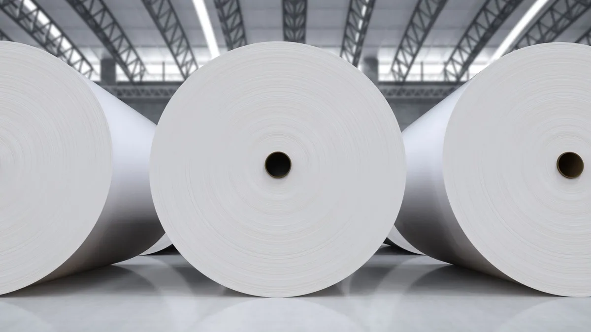 Large reels of paper standing in a mill, of the kind converted into silicone release liner