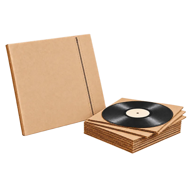 A 12 inch vinyl record mailer with a tear strip, shown with a stack of flat record mailers and an LP