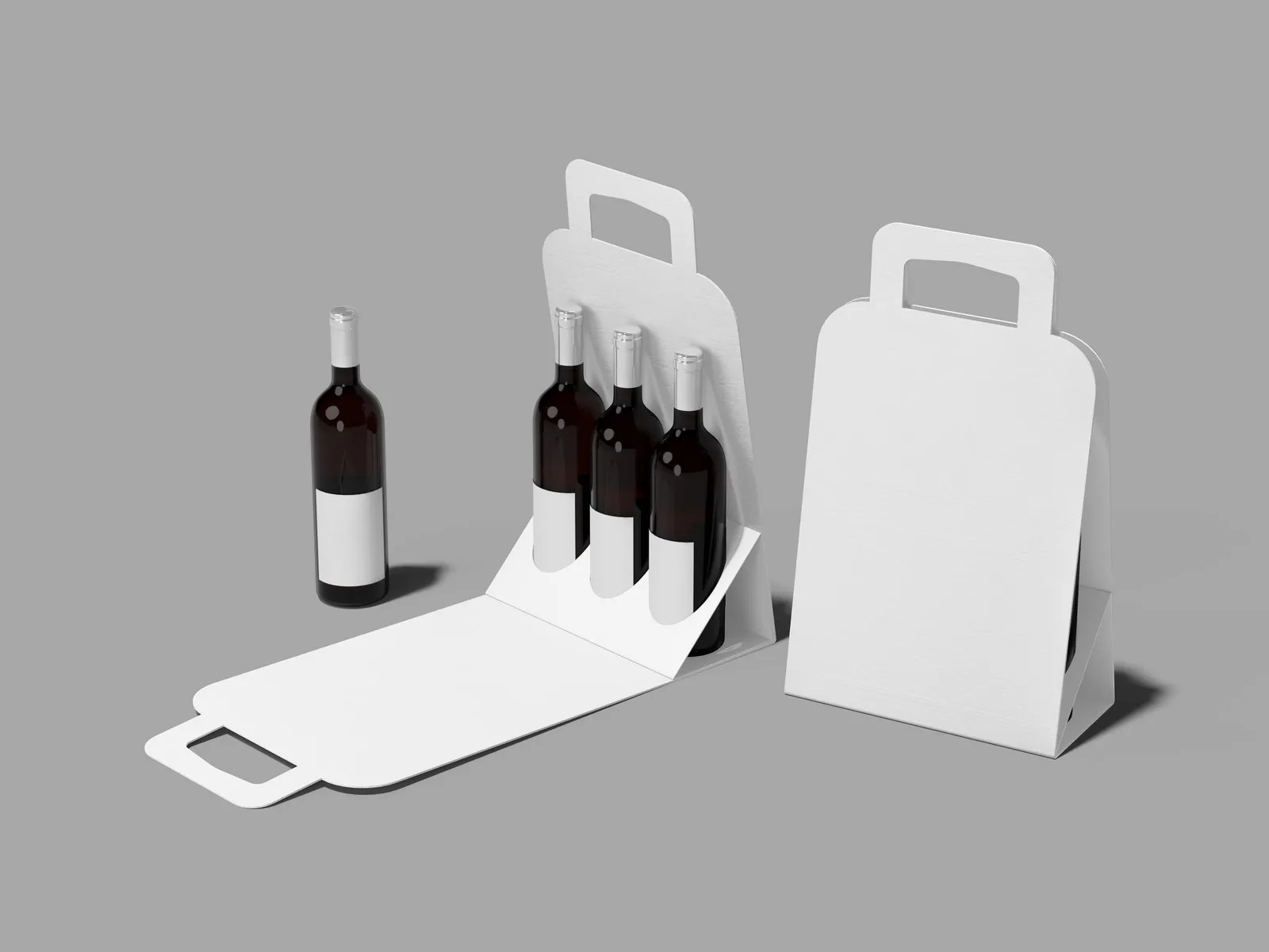 A die-cut bottle carrier shown flat and assembled with three bottles